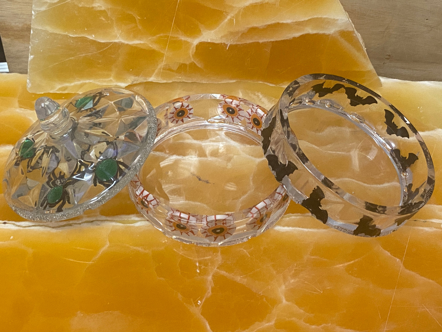 Stackable Halloween Resin Candy Dish – Handmade Clear Resin Container with Encased Bats, Spiders, and Eyeballs