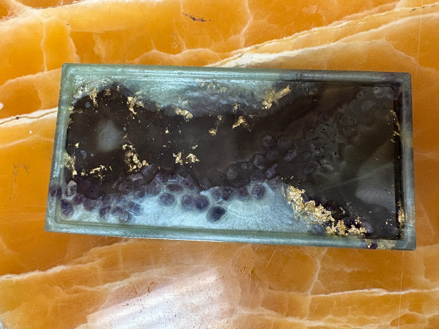 Amethyst Crystal Resin Tray – Handmade Black & Light Blue Resin Decor with Real Crystals and Gold Flake Accents