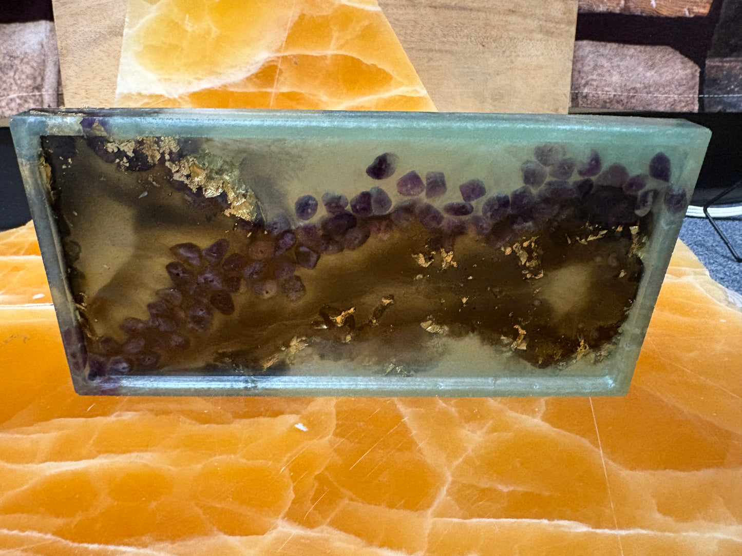 Amethyst Crystal Resin Tray – Handmade Black & Light Blue Resin Decor with Real Crystals and Gold Flake Accents