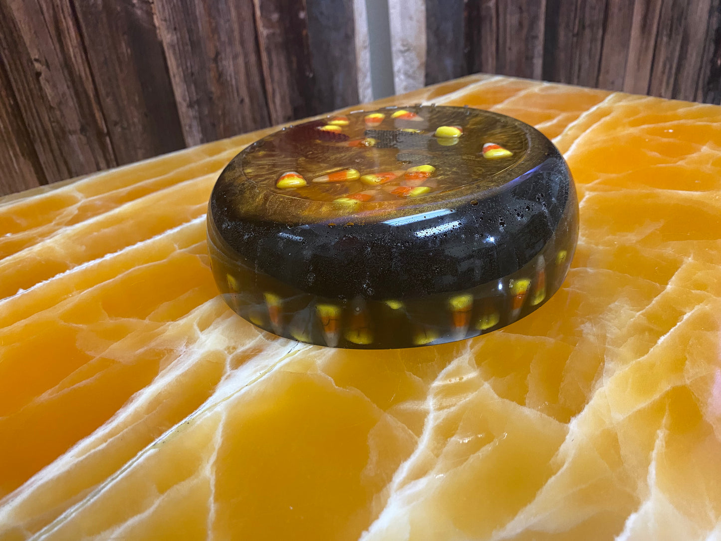 Fall Candy Corn Resin Bowl – Handmade Decorative Resin Serving Bowl with Real Candy & Autumn Leaves Encased