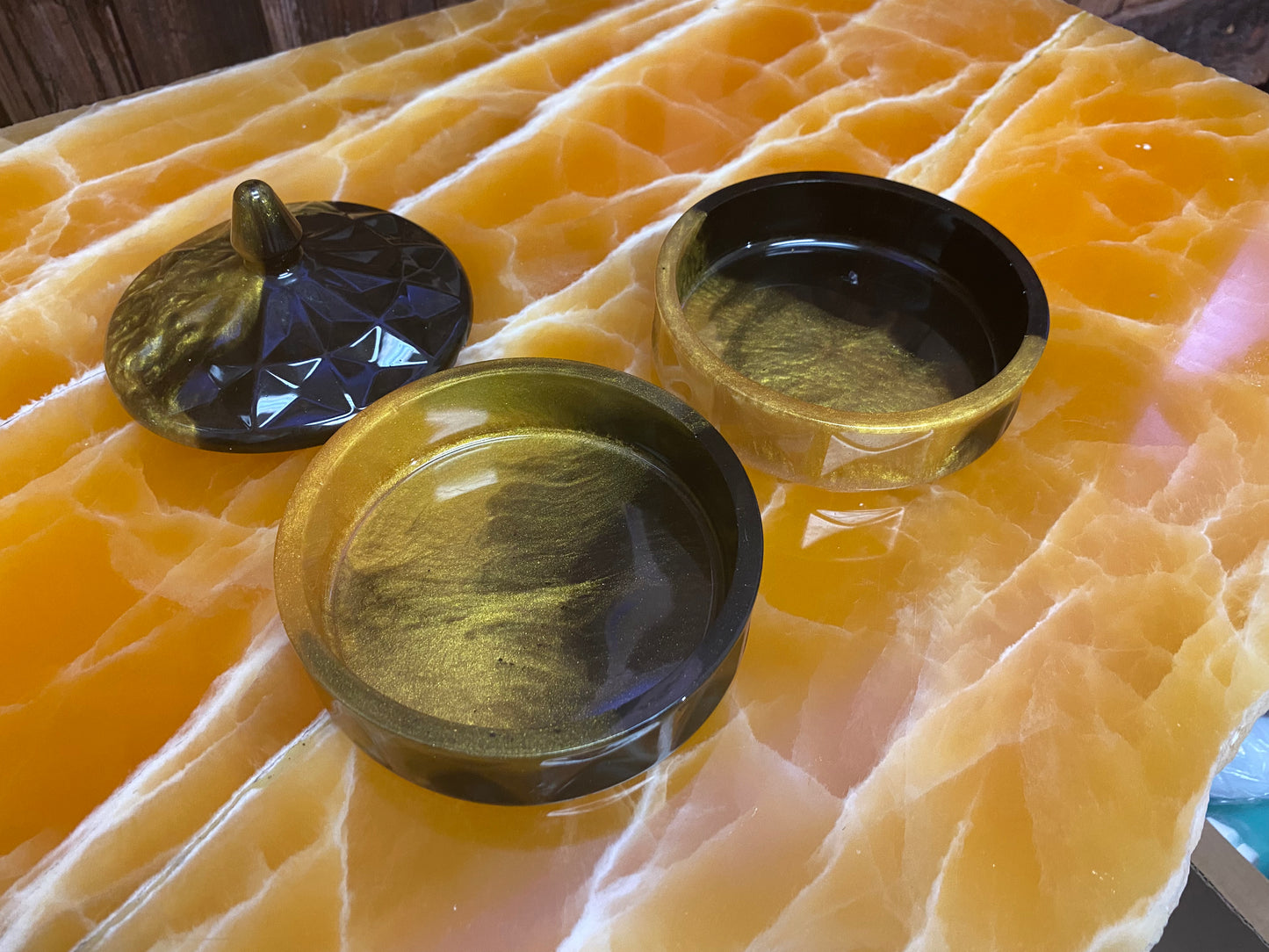 Black & Gold Resin Stackable Storage Container – Handmade Luxury Organizer for Vanity, Desk, or Coffee Table