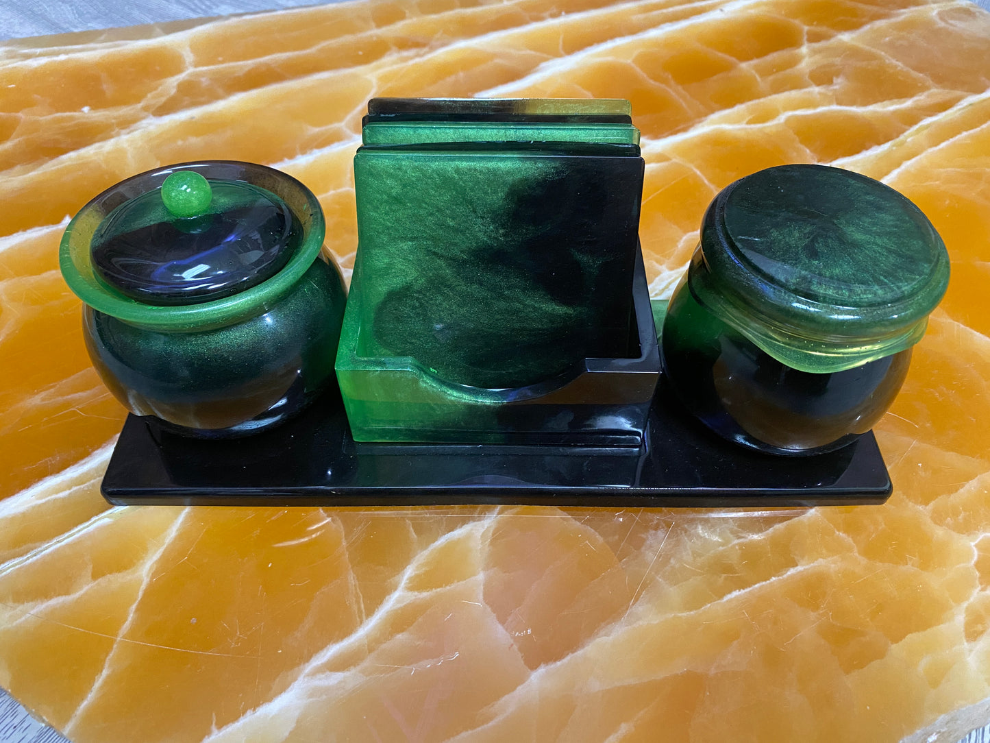 Green & Black Resin Coaster & Coffee Table Storage Set – Handmade Resin Tray with Matching Lidded Jars and Coasters