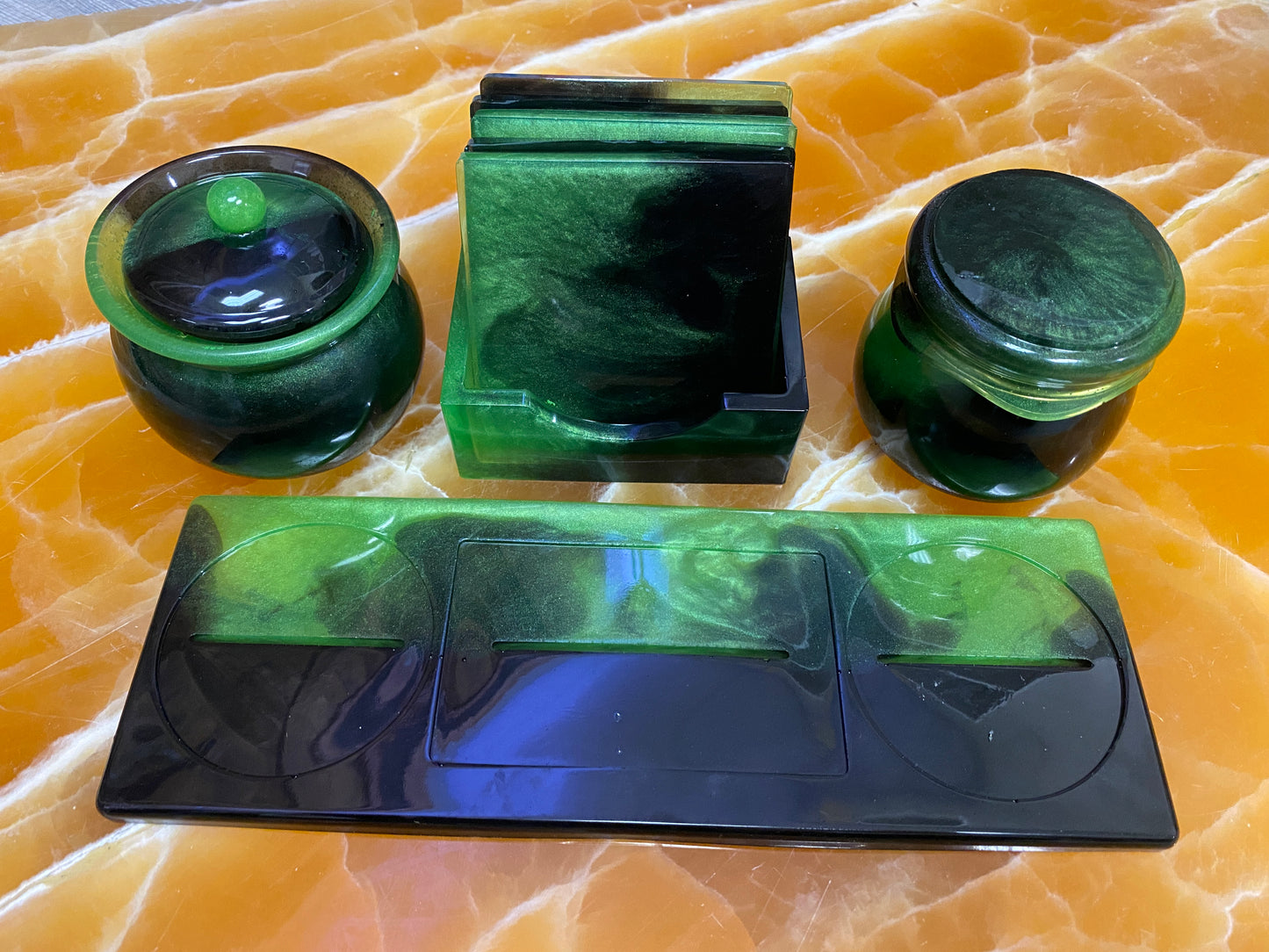 Green & Black Resin Coaster & Coffee Table Storage Set – Handmade Resin Tray with Matching Lidded Jars and Coasters