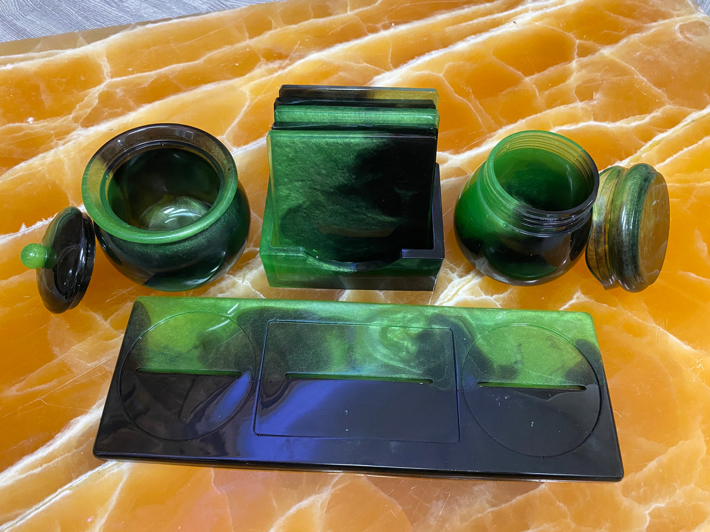 Green & Black Resin Coaster & Coffee Table Storage Set – Handmade Resin Tray with Matching Lidded Jars and Coasters