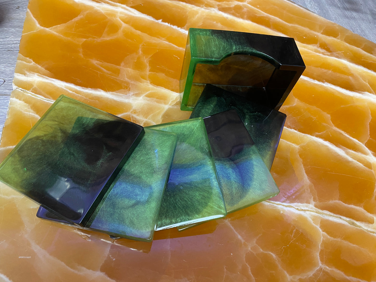 Green & Black Resin Coaster & Coffee Table Storage Set – Handmade Resin Tray with Matching Lidded Jars and Coasters