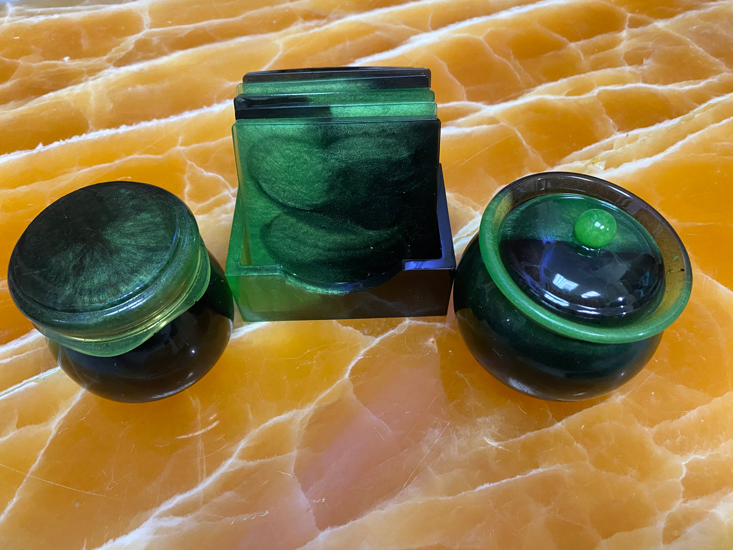 Green & Black Resin Coaster & Coffee Table Storage Set – Handmade Resin Tray with Matching Lidded Jars and Coasters