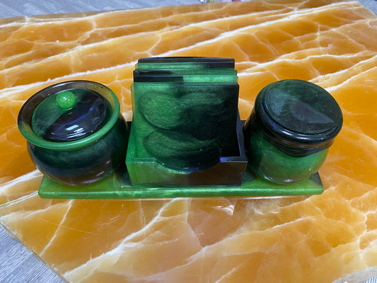 Green & Black Resin Coaster & Coffee Table Storage Set – Handmade Resin Tray with Matching Lidded Jars and Coasters