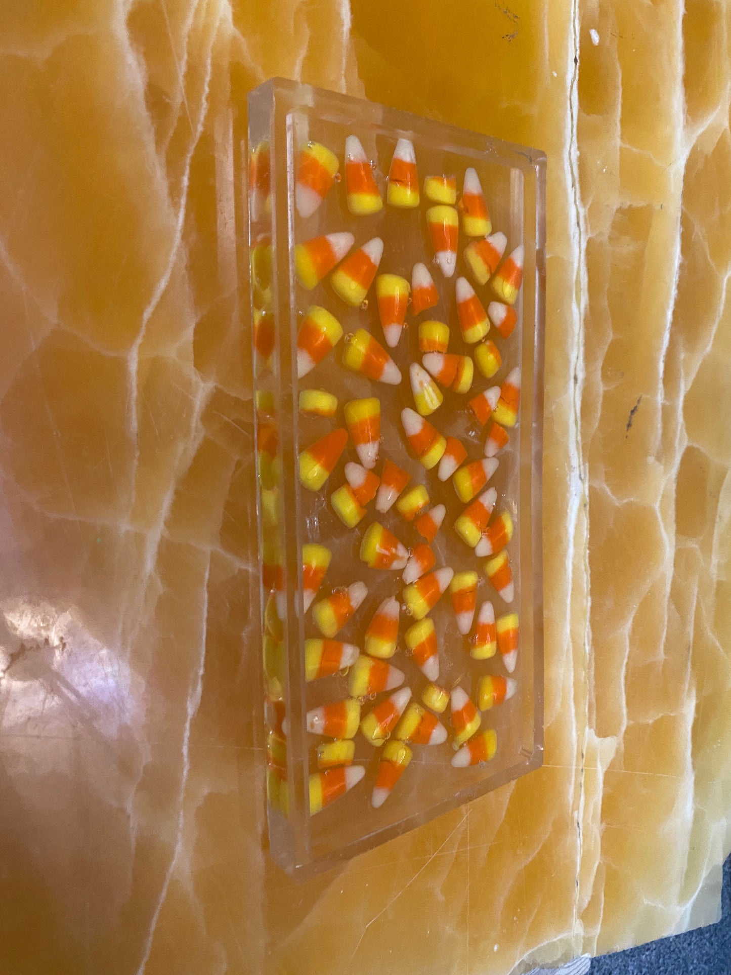 Handmade Decorative Tray with Real Candy Corn Encased in Clear Resin
