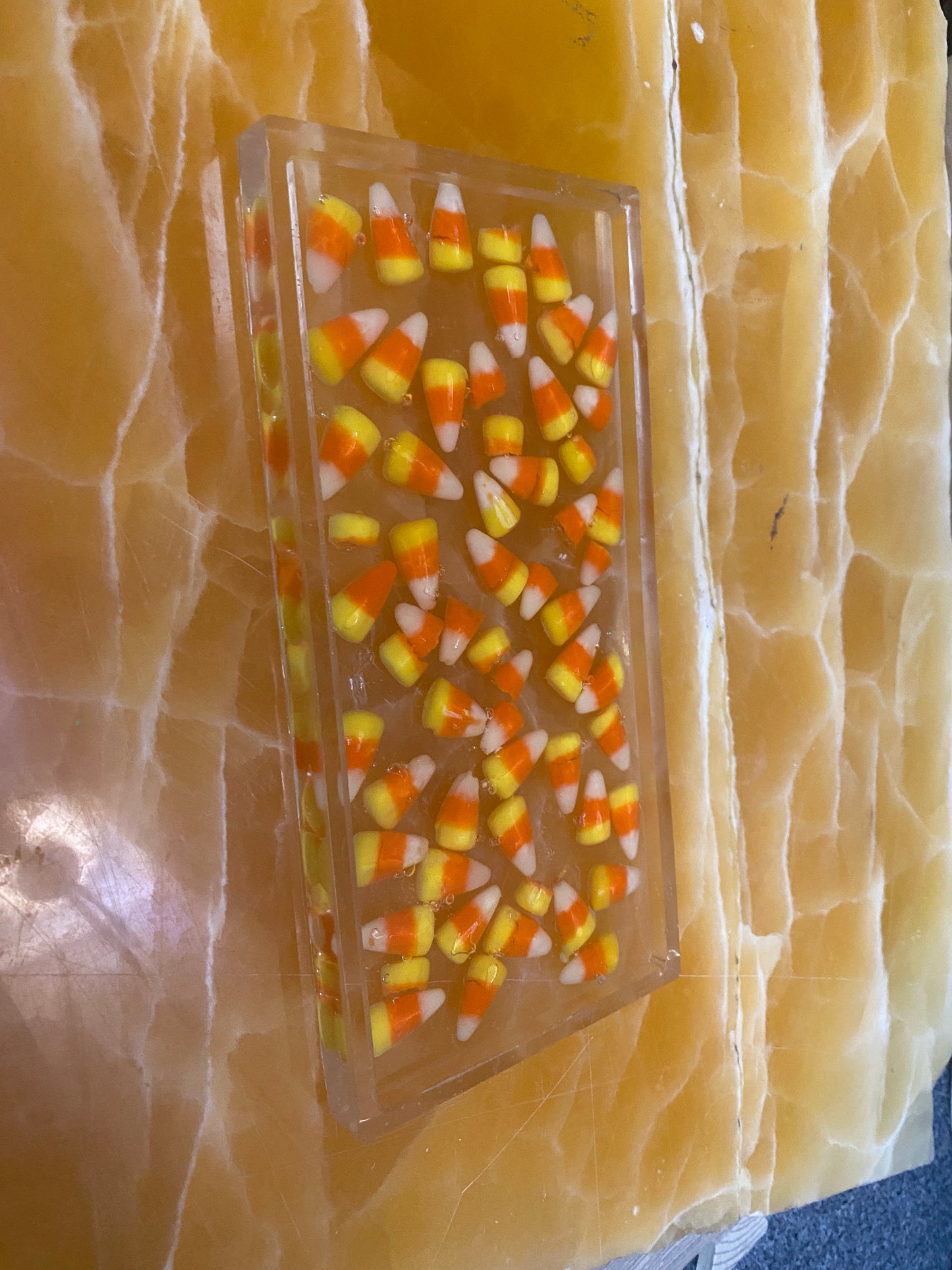 Handmade Decorative Tray with Real Candy Corn Encased in Clear Resin