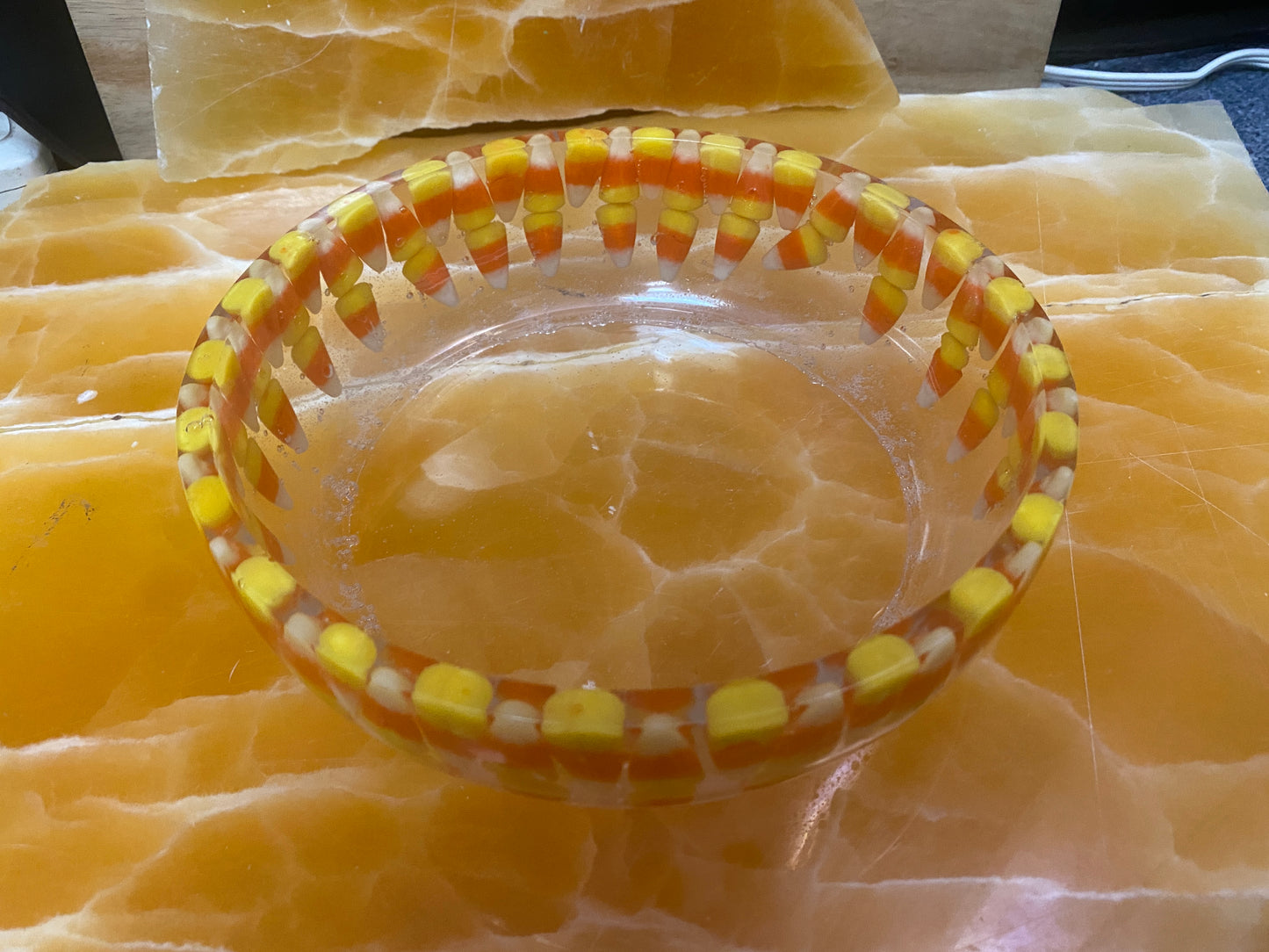 Candy Corn Resin Bowl – Handmade Clear Resin Fall Serving Dish with Real Candy Corn Embedded