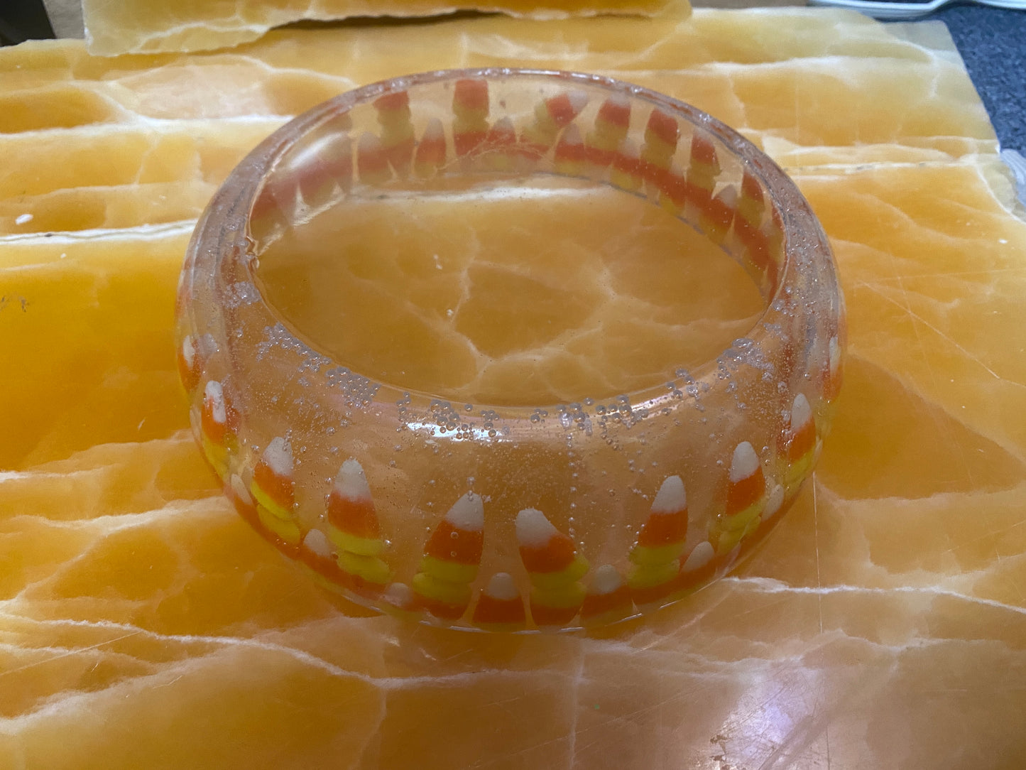 Candy Corn Resin Bowl – Handmade Clear Resin Fall Serving Dish with Real Candy Corn Embedded
