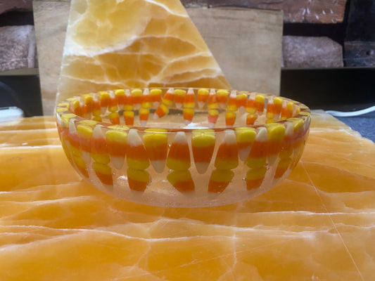 Candy Corn Resin Bowl – Handmade Clear Resin Fall Serving Dish with Real Candy Corn Embedded