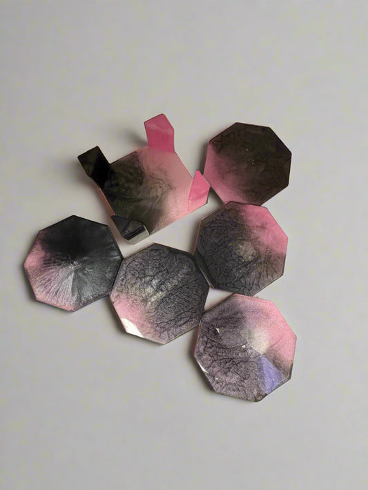 Pink & Onyx Resin Coaster Set – 5 Octagon Coasters with Matching Holder, Handmade Marbled Drink Coasters, Modern Home & Bar Decor