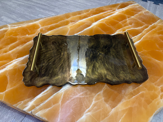 Gold & Black Resin Serving Tray – Handmade Marbled Vanity Tray with Gold Handles, 8¼" × 13½"