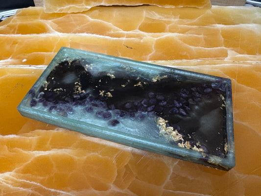 Amethyst Crystal Resin Tray – Handmade Black & Light Blue Resin Decor with Real Crystals and Gold Flake Accents