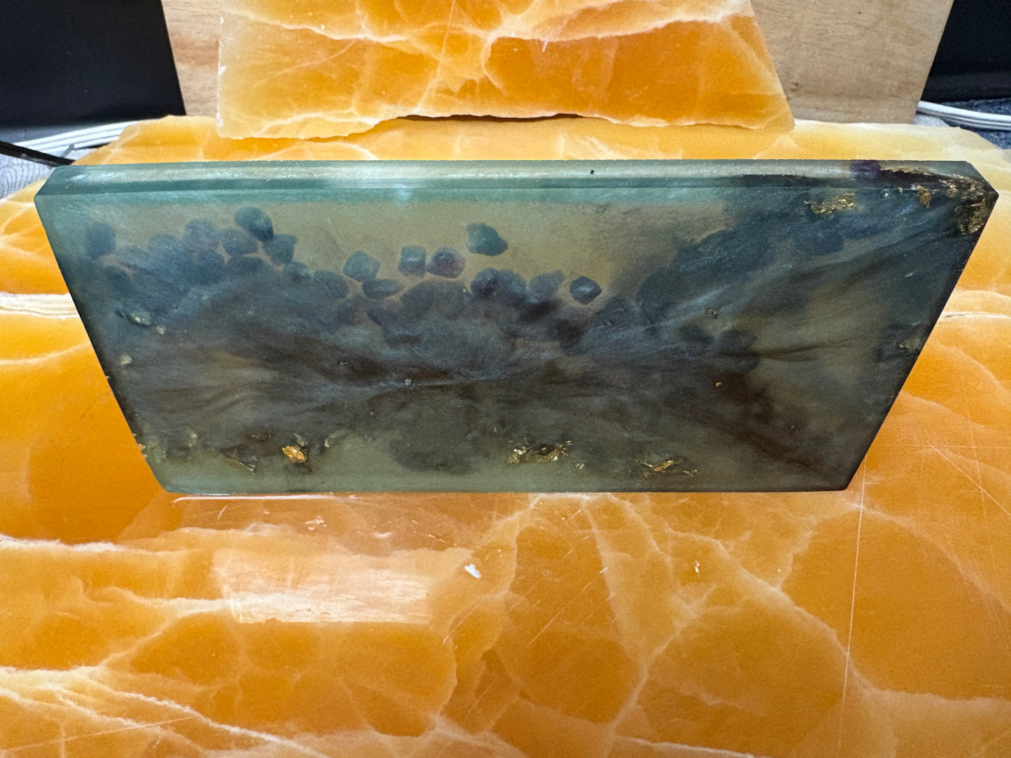 Amethyst Crystal Resin Tray – Handmade Black & Light Blue Resin Decor with Real Crystals and Gold Flake Accents