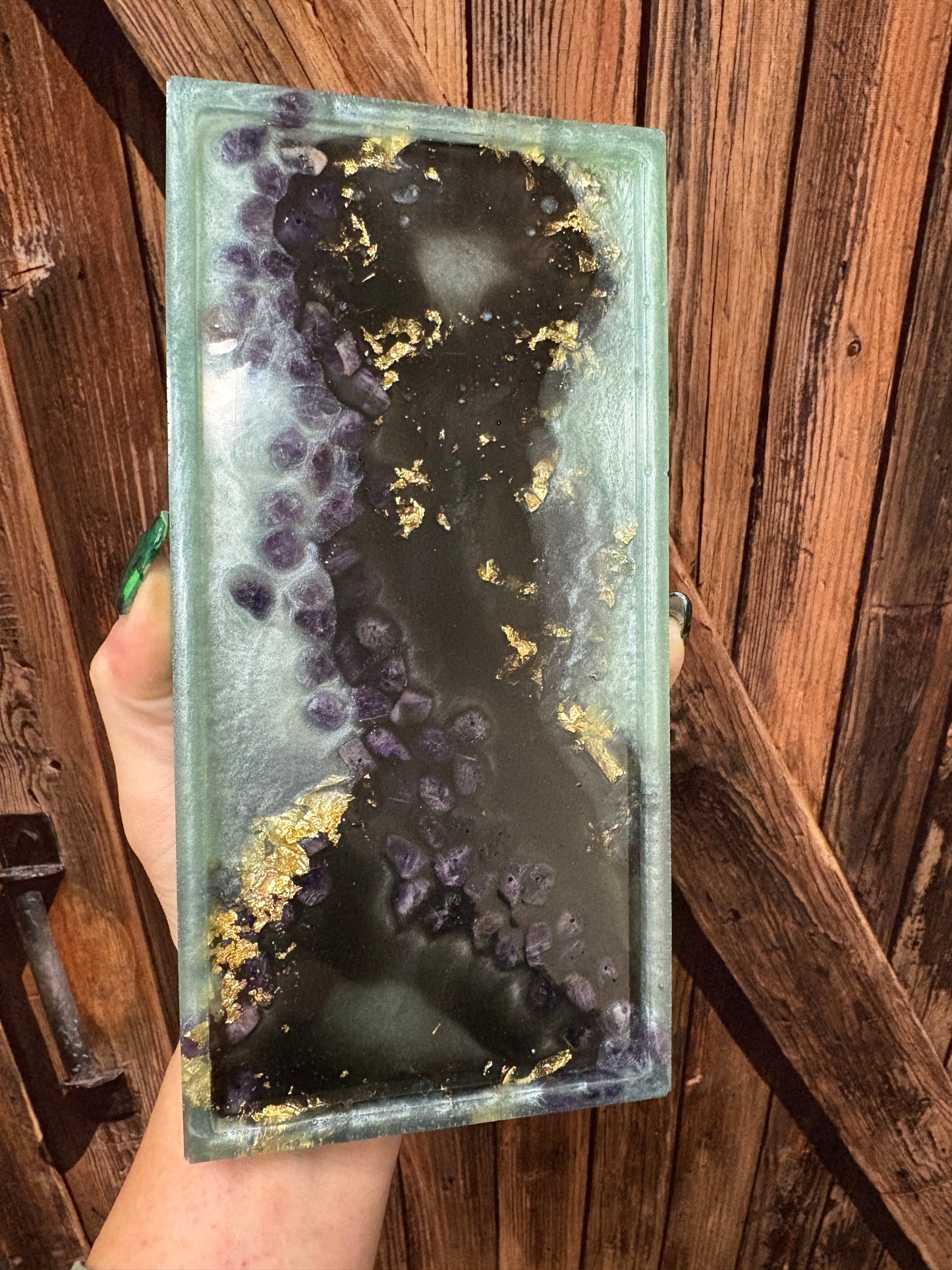 Amethyst Crystal Resin Tray – Handmade Black & Light Blue Resin Decor with Real Crystals and Gold Flake Accents