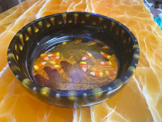 Fall Candy Corn Resin Bowl – Handmade Decorative Resin Serving Bowl with Real Candy & Autumn Leaves Encased