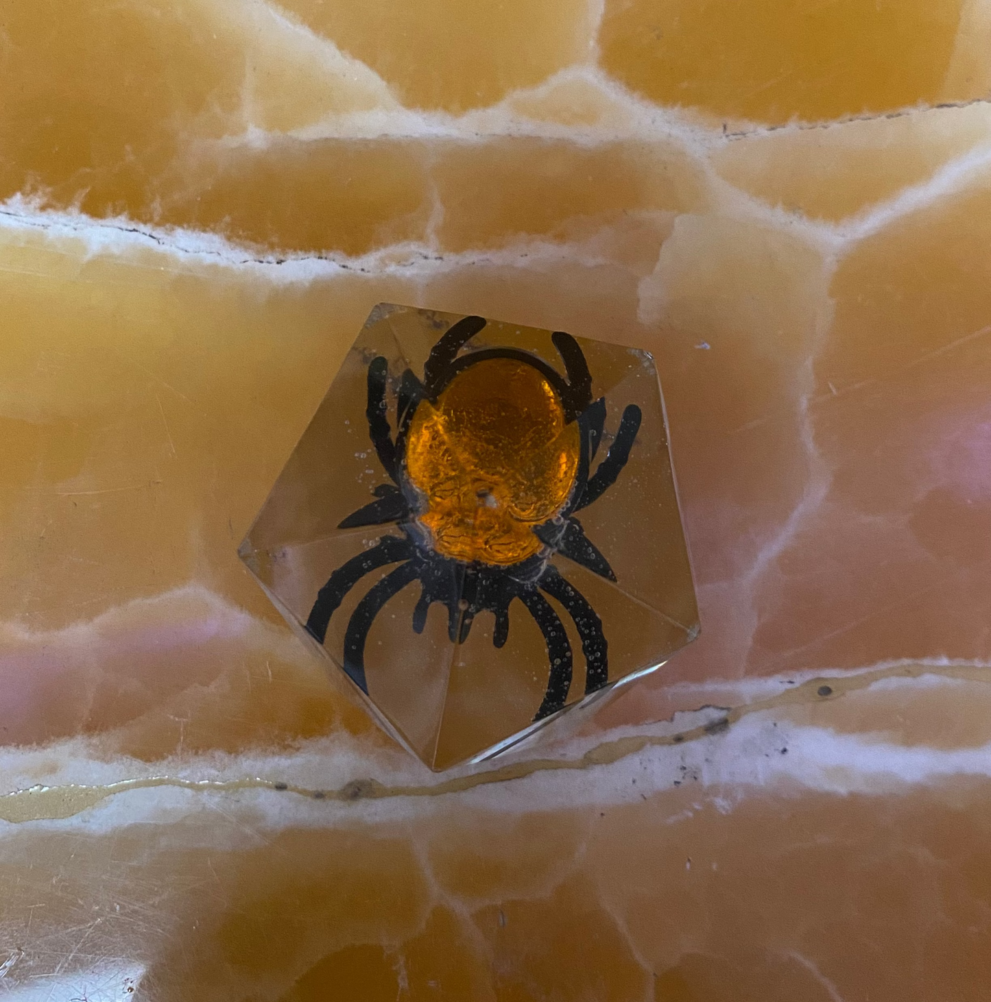 Jeweled Spider Resin Display – Faux Orange Spider Encased in Clear Resin Geometric Figurine | Halloween Gothic Decor