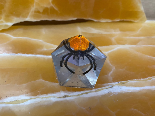 Jeweled Spider Resin Display – Faux Orange Spider Encased in Clear Resin Geometric Figurine | Halloween Gothic Decor