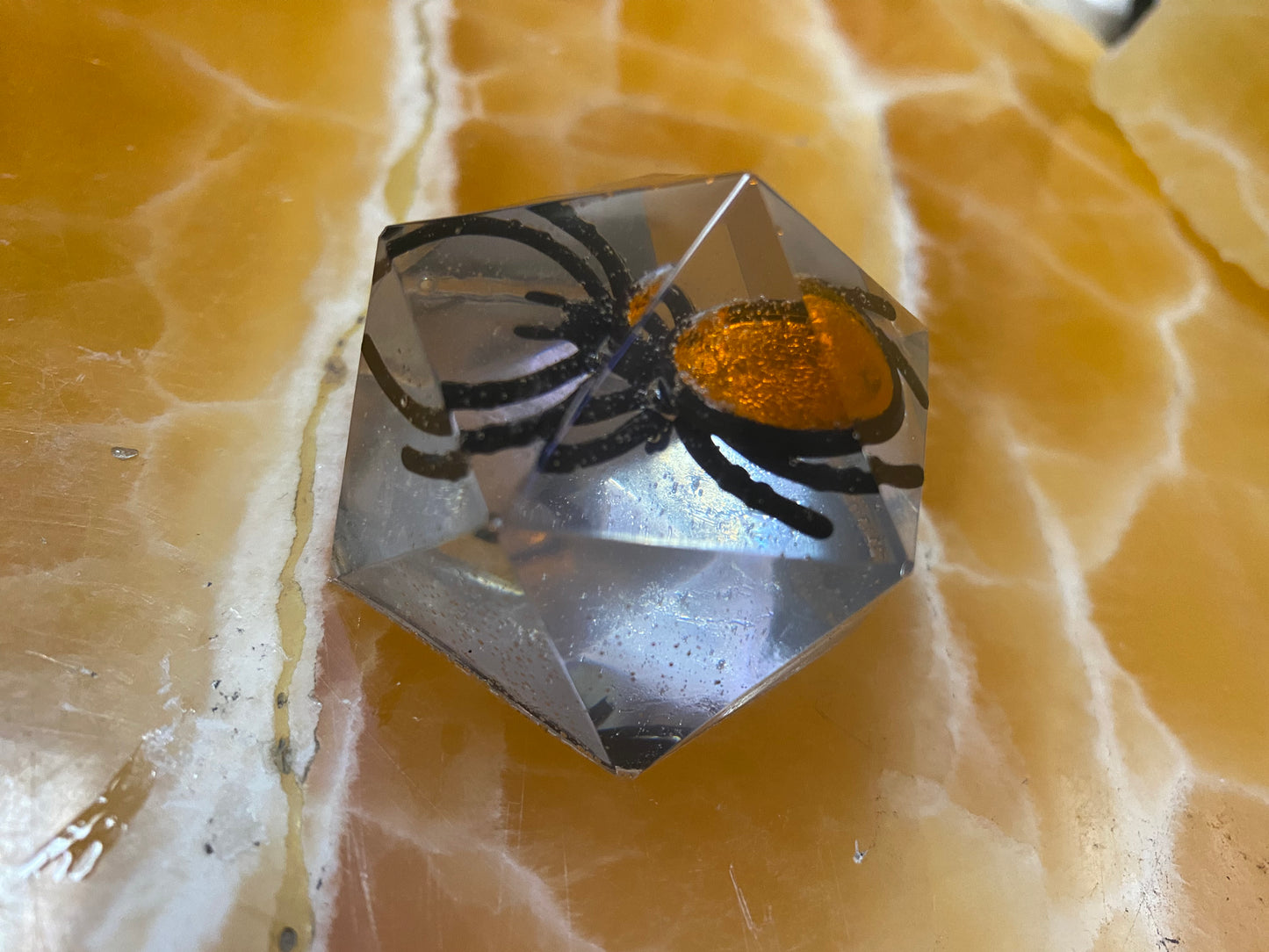 Jeweled Spider Resin Display – Faux Orange Spider Encased in Clear Resin Geometric Figurine | Halloween Gothic Decor