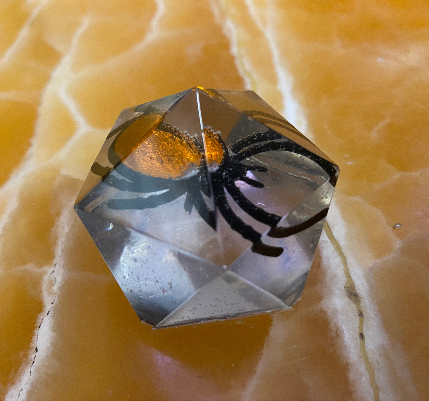 Jeweled Spider Resin Display – Faux Orange Spider Encased in Clear Resin Geometric Figurine | Halloween Gothic Decor