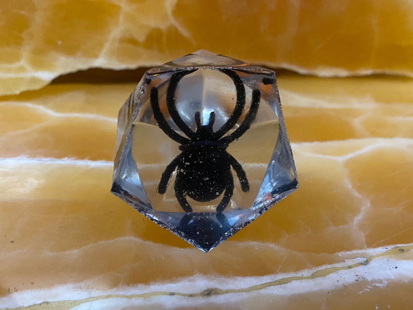 Jeweled Spider Resin Display – Faux Orange Spider Encased in Clear Resin Geometric Figurine | Halloween Gothic Decor
